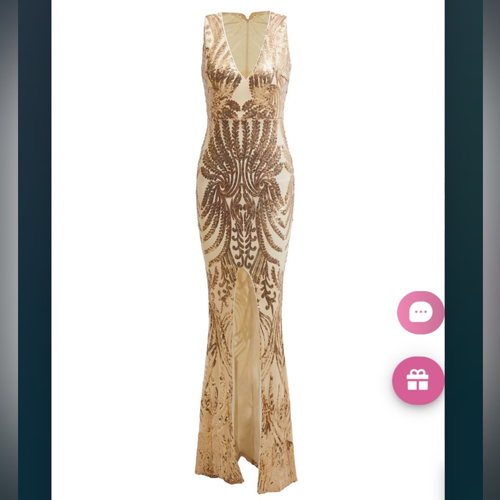 Gold sequin event dress with front slit